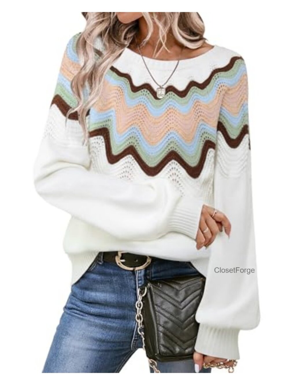 Womens Crewneck Cable Knit Balloon Sleeve Pullover Sweater Cozy Fall Winter
